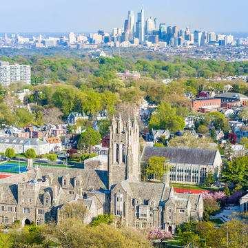 Aerial shot of Saint Joseph's University and the Philadephia skyline