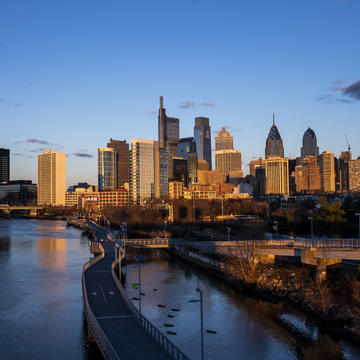 The Philadelphia skyline at sunset