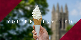 The words "You're Invited" with the background image being Barbein Hall with a person holding an ice cream cone.