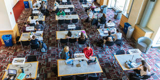 aerial view of students working collaboratively