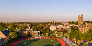 Aerial view of Saint Joseph's University campus with Sweeney field, Barbelin tower and Mandeville Hall.