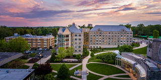 Aerial shot of SJU buildings on Hawk Hill campus