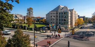 villiger hall and street view at saint joseph's university in the fall season