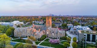 Aerial image of Saint Joseph's University during a spring sunset