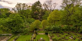 Overhead view of one of the Barnes Arboretum at Saint Joseph's University gardens at sunset