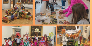Photos of the Day of the Dead Family Day at the Maguire Art Museum. People doing crafts and details of the ofrenda. Orange background. 