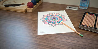 wellnest table with coloring book and zen garden on it