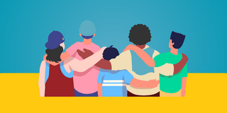 Graphic with a community of people in a group hug