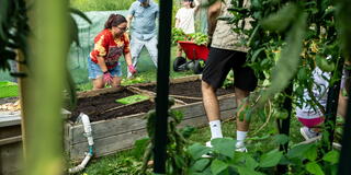 students and faculty at community garden