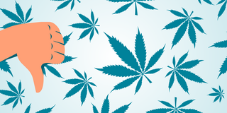Banner with thumbs down over cannabis background