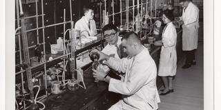 Chemistry students working in a lab, 1963.