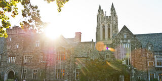 Sunrise behind Barbelin Hall with tree branch in the foreground