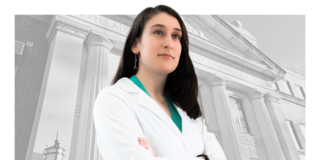 graphic of a student pharmacist with an illustration of a pharmacy building behind her