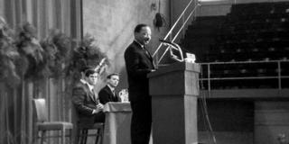 Martin Luther King, Jr. at a podium at Saint Joseph's University
