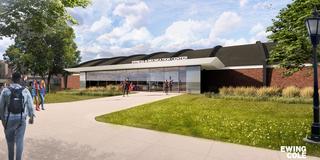 Rendering of Saint Joseph's University Fitness and Recreation Center exterior lobby entrance