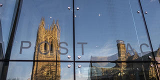 Barbelin tower reflecting off of Drexel Library