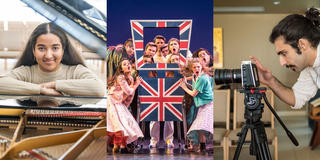 collage of student behind a piano, two people in costume dancing on stage and student behind a camera