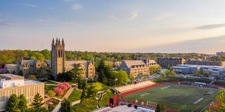 aerial shot of saint joseph's university during sunset