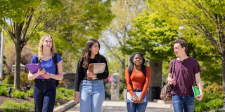 four saint joseph's university students walking outside on campus