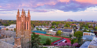 aerial shot of saint joseph's university's barbelin hall and field