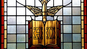 stained glass showing a dove holding a book with alpha and omega on its pages