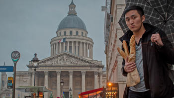 Jason Ngo '20, holding baguettes