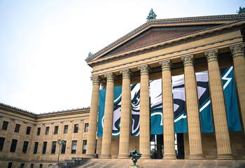 Philadelphia Museum of Art decorated with Eagles team banner