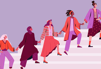 A diverse group of women holding hands and walking up step for Women's History Month