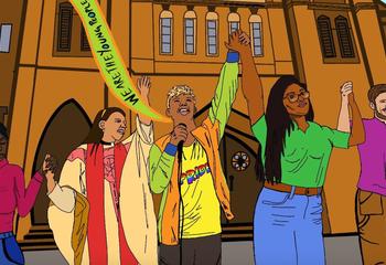 Colorful illustration of five people holding hands in front of a church with a banner that reads "We are the young people of the future ..."