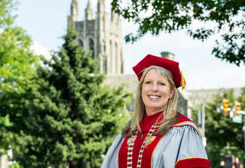 Dr. McConnell in front of Barbelin Hall after being inaugurated as Saint Joseph's University's 29th president.