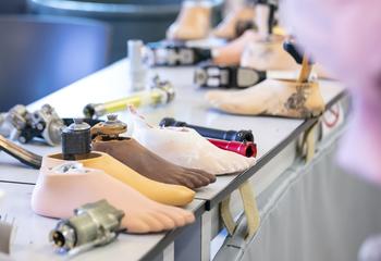 Prosthetic feet and other devices sitting on a table