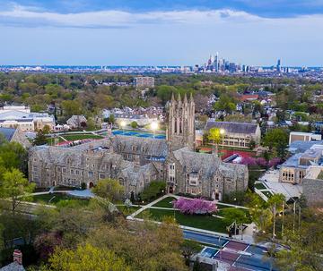 aerial photo of Saint Joseph's university campus and city skyline