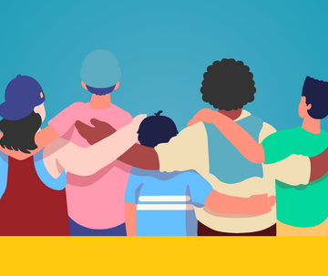 Graphic with a community of people in a group hug