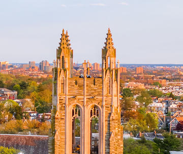 aerial shot of campus during the fall