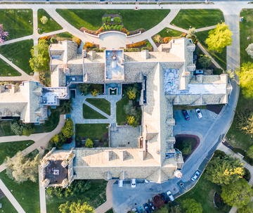Top down aerial view of Barbelin Tower at Saint Joseph's University