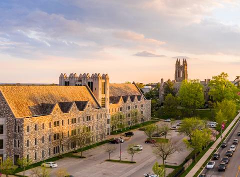 Aerial sunset view of Mandeville Hall looking down City Avenue