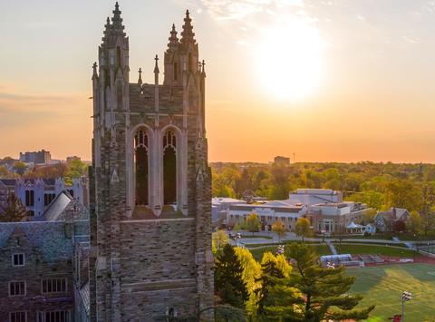 Barbelin Tower at Saint Joseph's University with the sun setting in the background