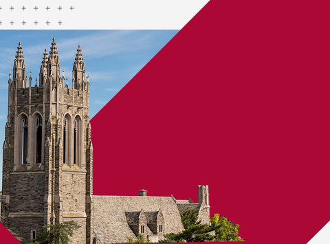 Barbelin Tower at Saint Joseph's University with red angles and plus signs as illustrations
