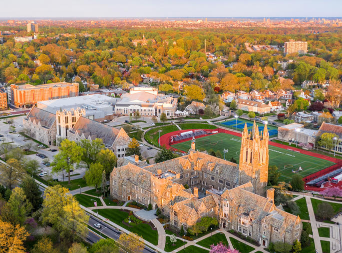 aerial shot of saint joseph's university in the fall