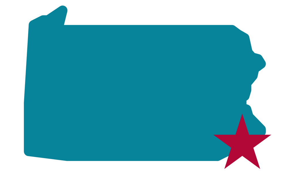 Pennsylvania Map highlighting Delaware and Montgomery Counties