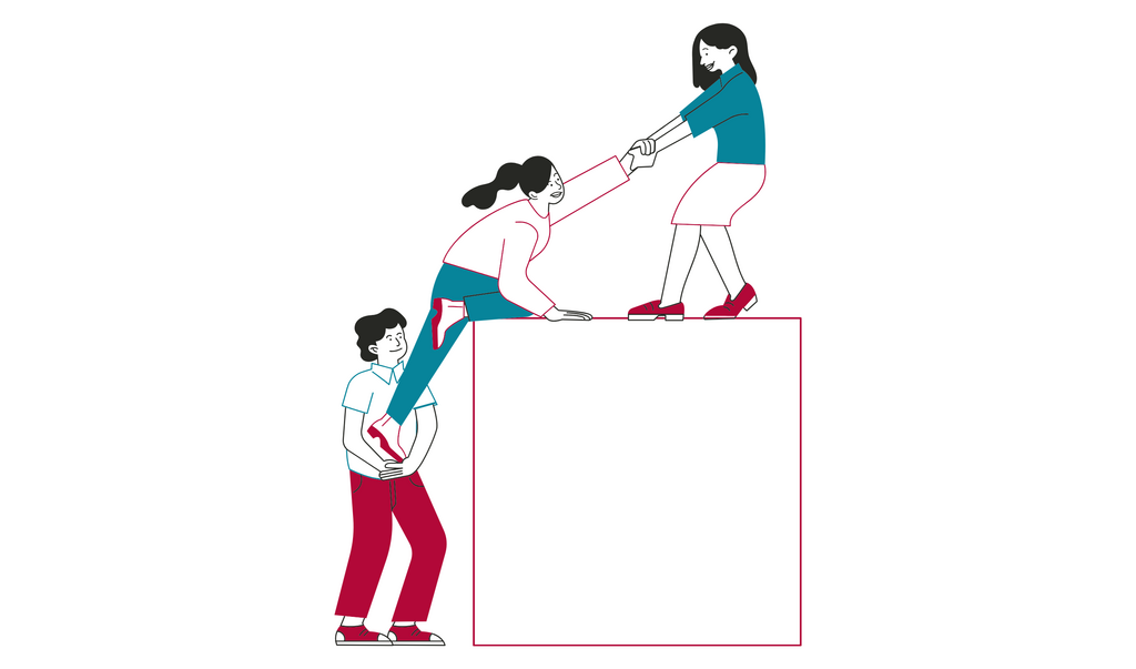 Person helping others over a tall step