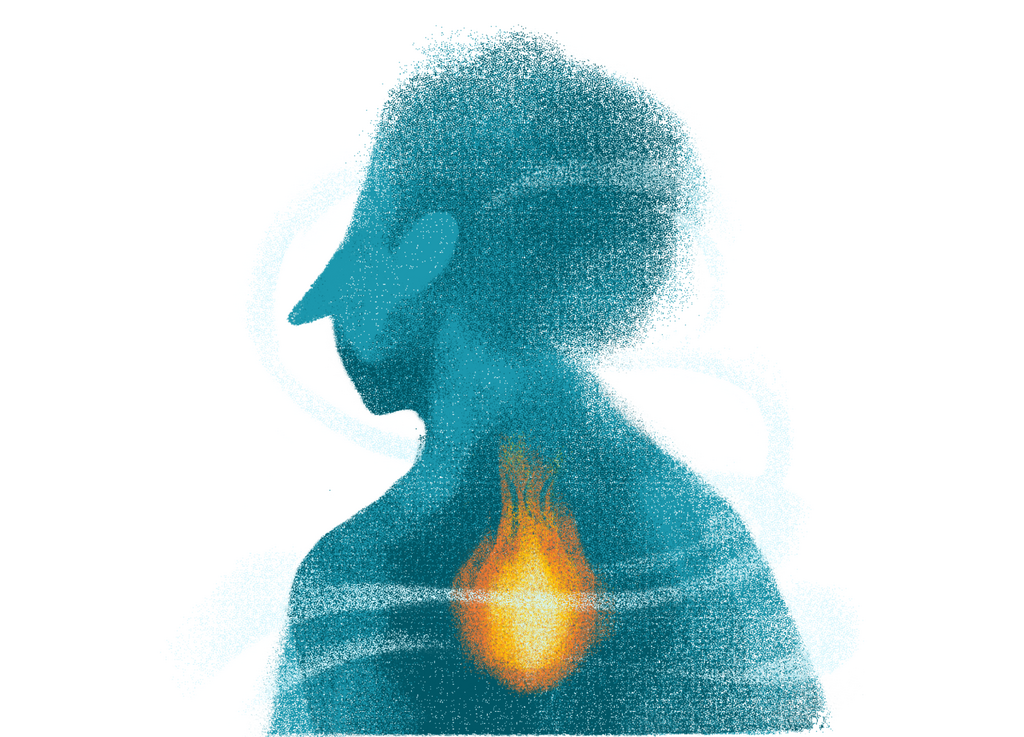 Figure with flame shown in their chest