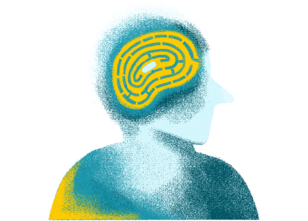 Illustration of a head/shoulders with the brain shown as a maze