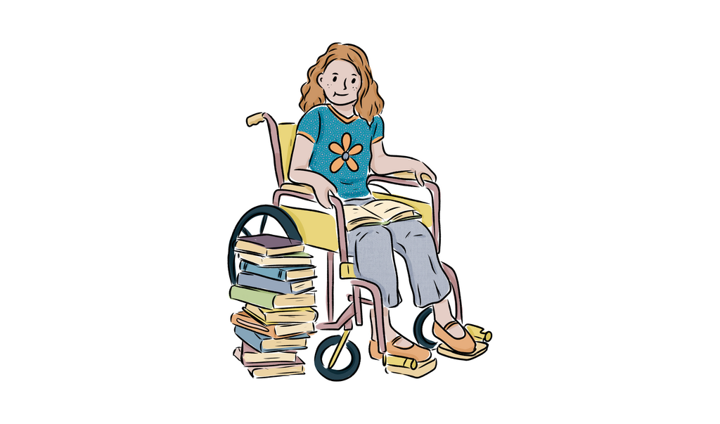 student surrounded by books