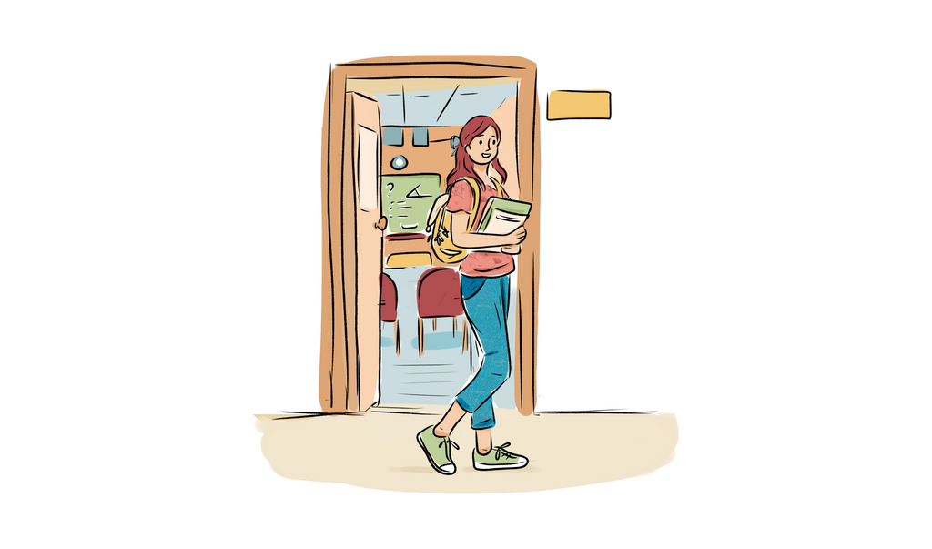 Girl standing in front of classroom entrance