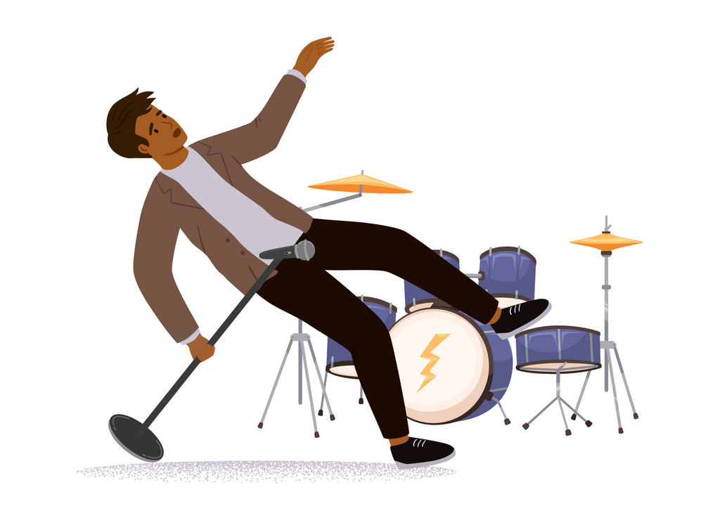Man falling in front of drum kit
