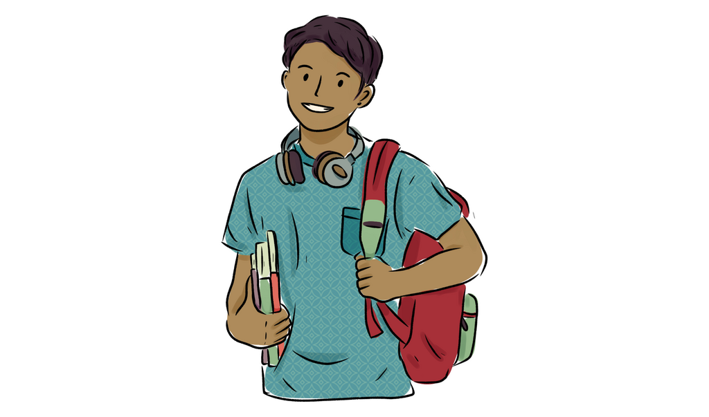 student holding books and a backpack wearing headphones