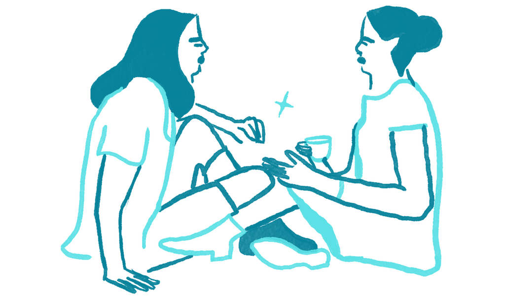 Illustration of two women talking and drinking coffee
