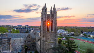 Aerial view of Barbelin hall at Saint Joseph's University with Philadelphia skyline in the background