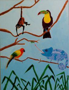 painting of animals and birds in tree branches